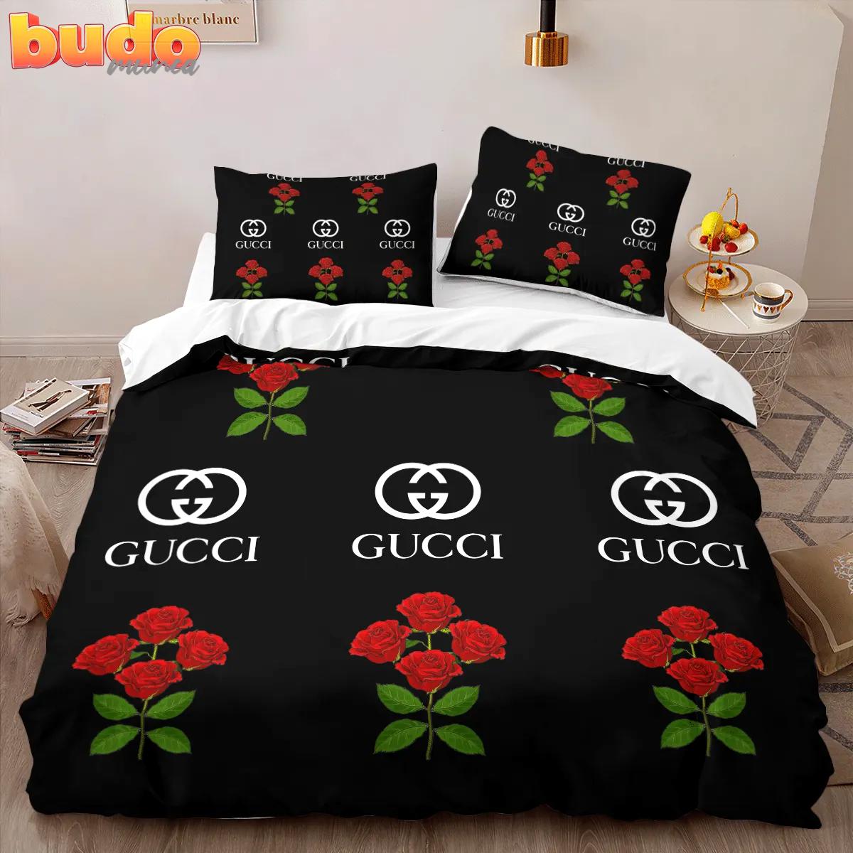 Gucci roses fashion logo premium luxury brand high-end bedding set lv home decor