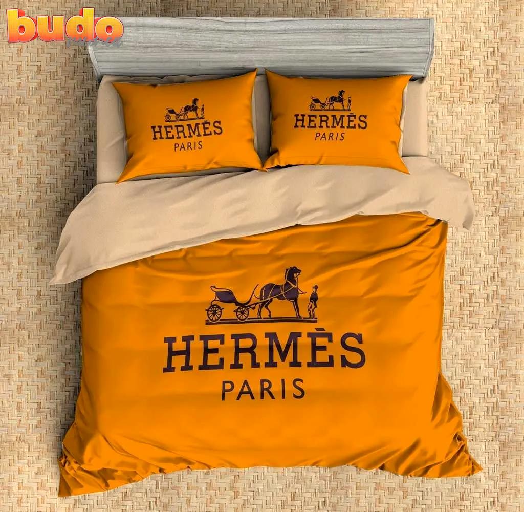 Hermes paris orange fashion luxury brand premium bedding set home decor