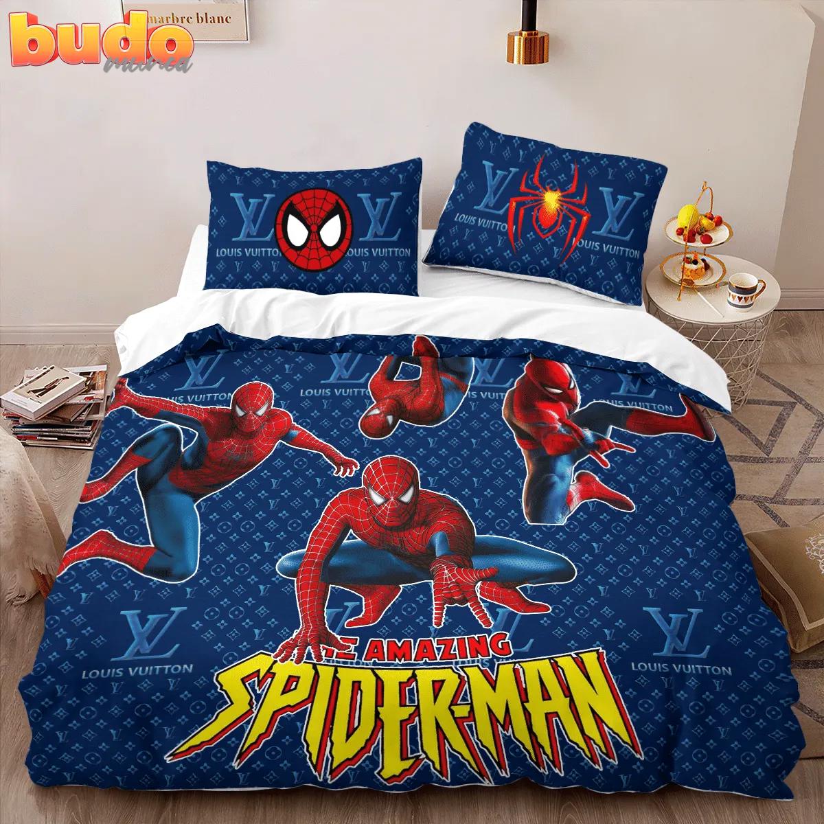 Louis vuitton spider man blue logo luxury brand high-end bedding set lv home decor
