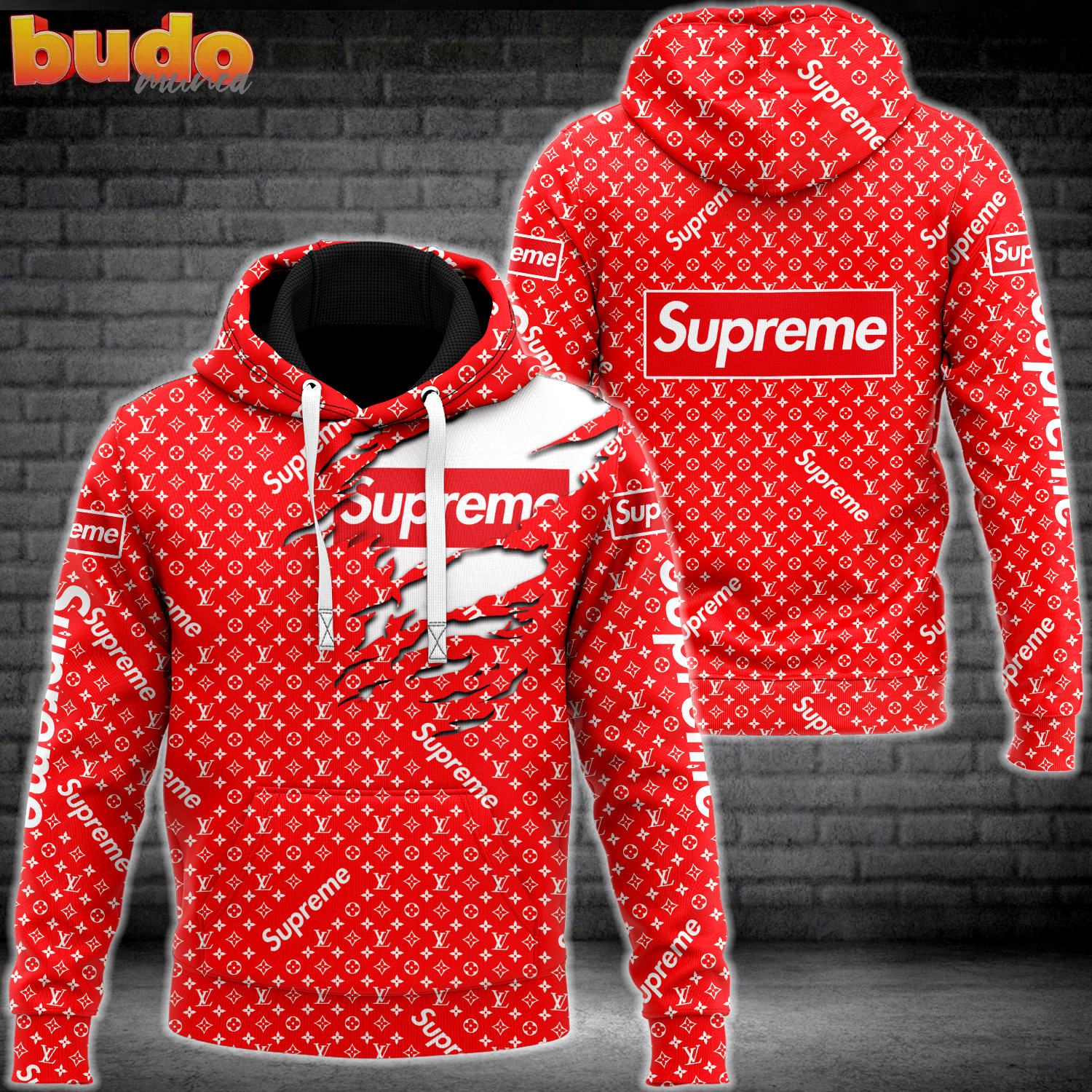 Louis vuitton supreme red luxury brand hoodie for men women