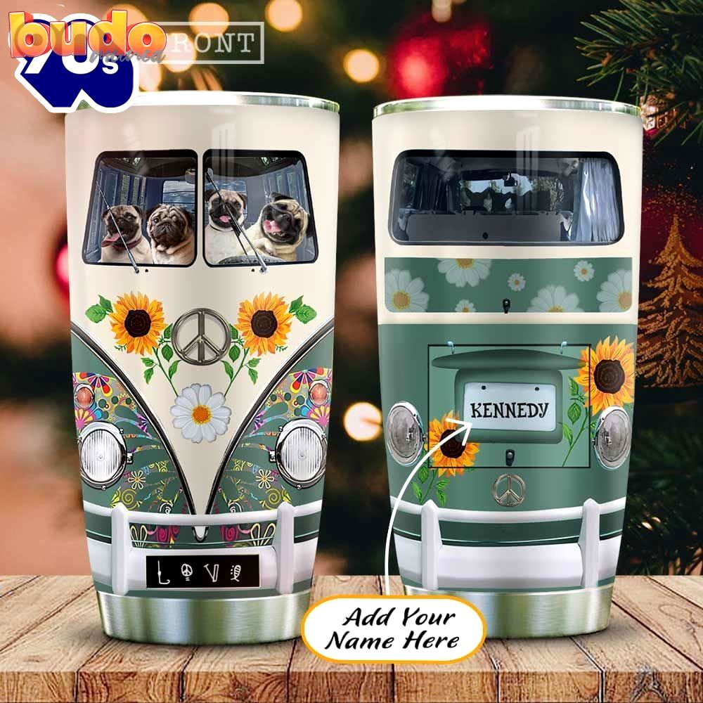Pug hippie van personalized tumbler