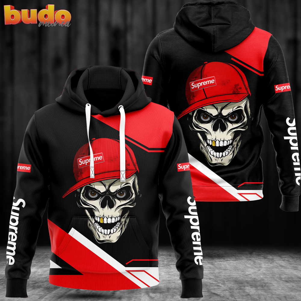 Supreme skull wearing hat black luxury brand premium hoodie for men women