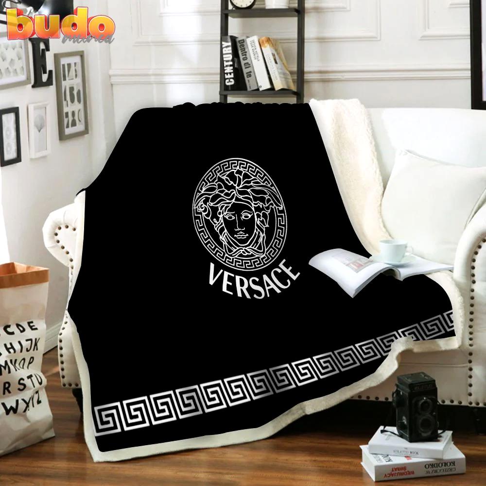 Versace black fashion logo luxury brand premium blanket fleece home decor