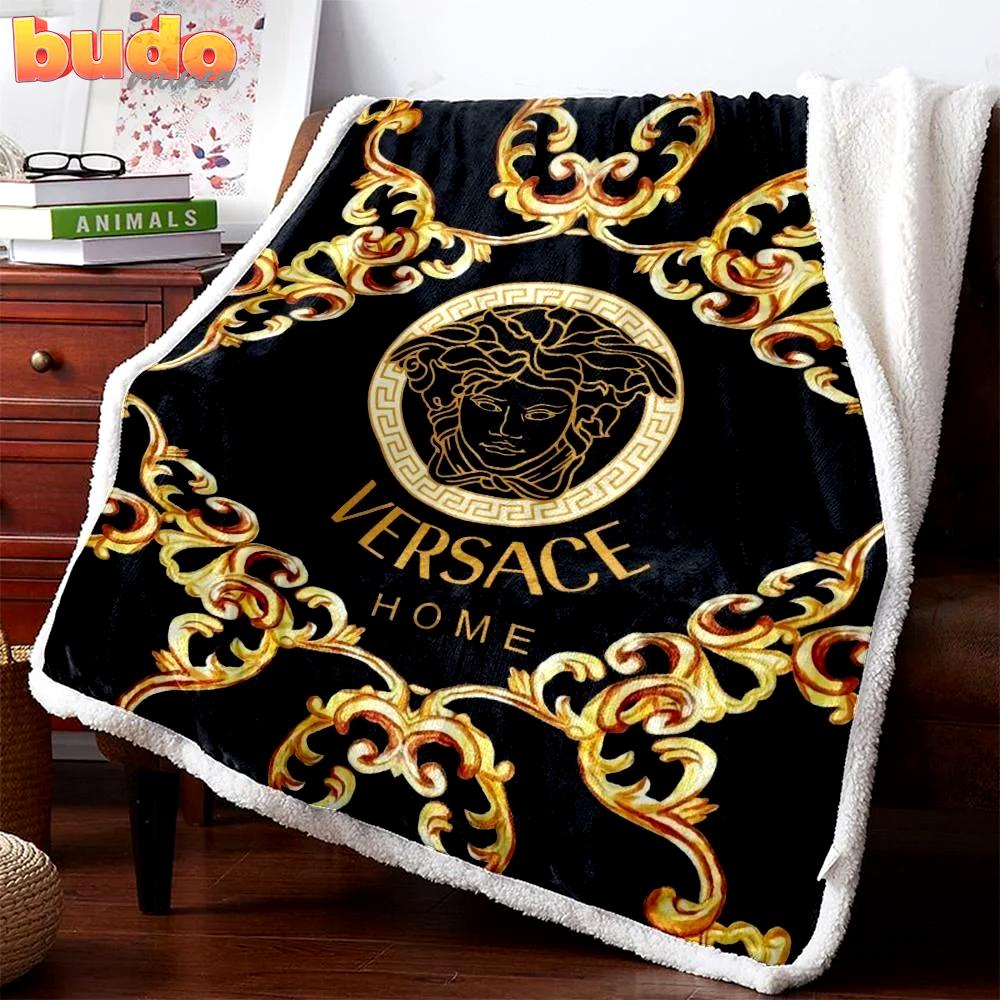 Versace black golden fashion luxury brand premium blanket fleece home decor