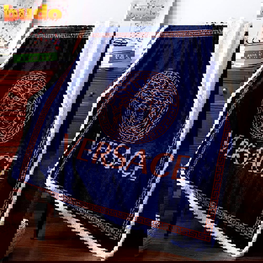 Versace blue fashion logo luxury brand premium blanket fleece home decor