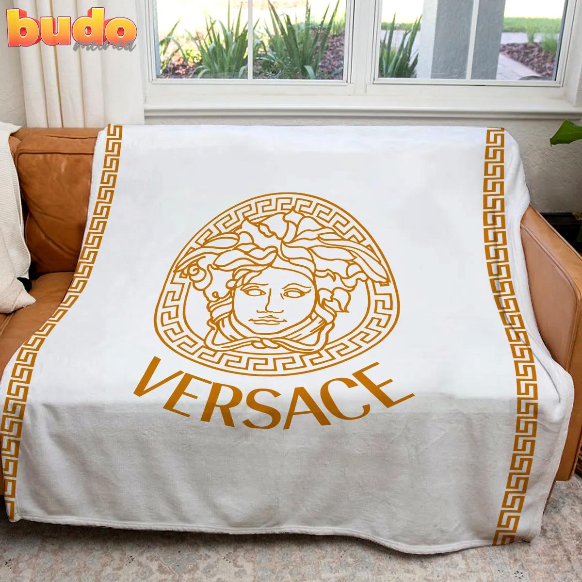 Versace white golden logo luxury brand premium blanket fleece home decor