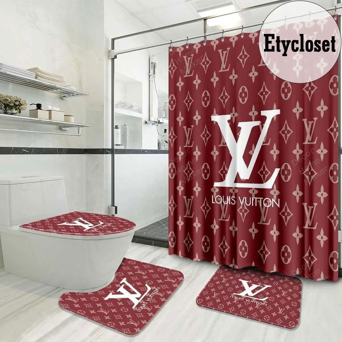 Louis vuitton lv monogram bathroom set hot 2023 luxury shower curtain
