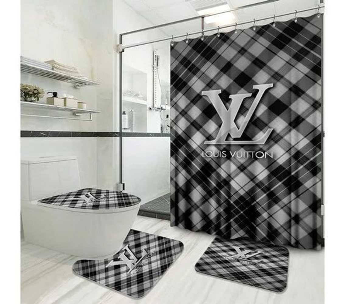 Louis vuitton lv grey bathroom set hot 2023 luxury shower curtain bath
