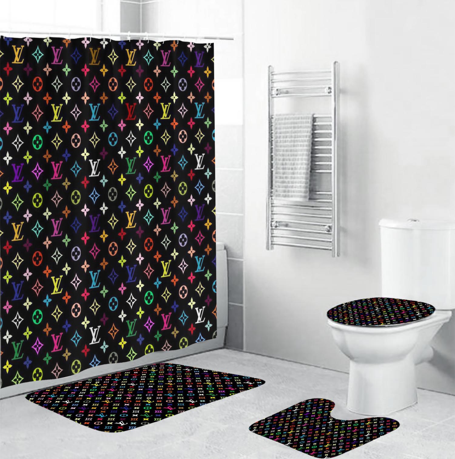 Louis vuitton lv multicolor bathroom set hot 2023 luxury shower curtain bath rug mat home decor