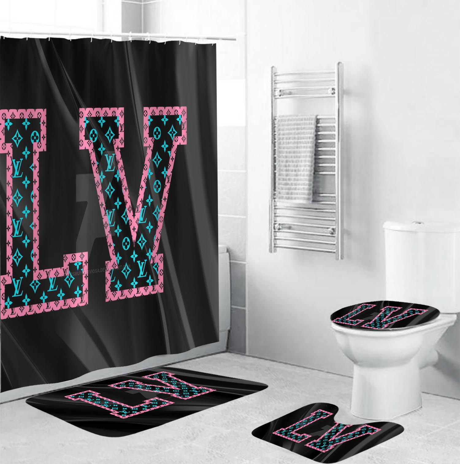 Louis vuitton lv bathroom set hot 2023 luxury shower curtain bath rug mat home decor