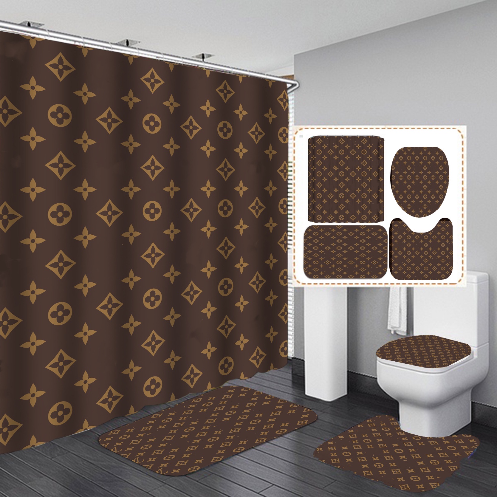 Louis vuitton lv monogram bathroom set hot 2023 luxury shower curtain bath rug mat home decor