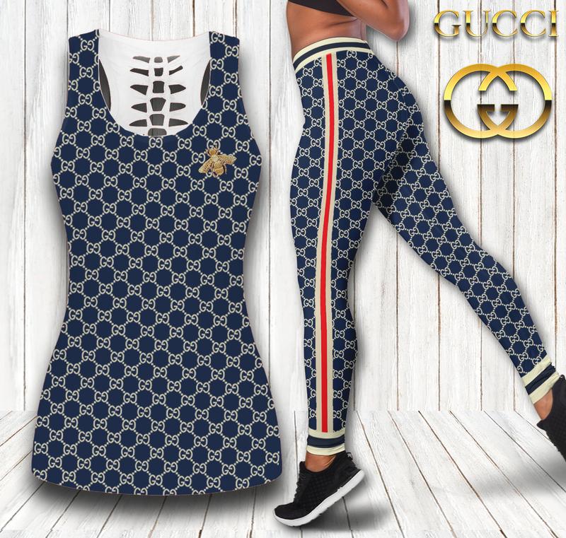 Gucci navy bee tank top leggings luxury brand clothing clothes outfit gym for women hot 2023