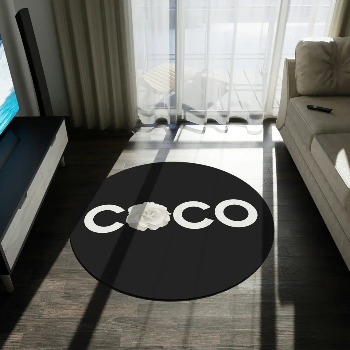 Chanel coco flower black round rug carpet luxury brand fashion home decor