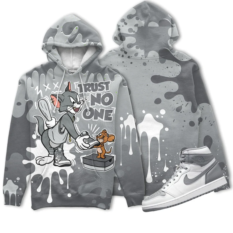 Trust no one cat and mouse 3d splashjordan 1 retro high og stealth christmas cartoon hoodie, tom hoodie, jerry hoodie, cartoon gift