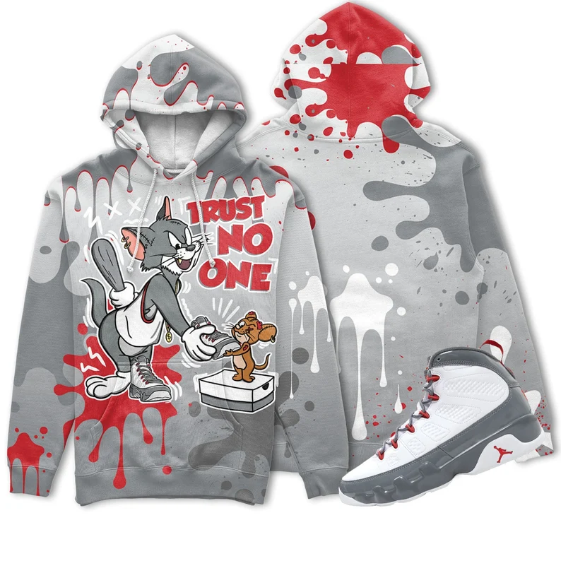 Trust no one cat and mouse 3d splashjordan 9 retro fire red christmas cartoon hoodie, tom hoodie, jerry hoodie, cartoon gift