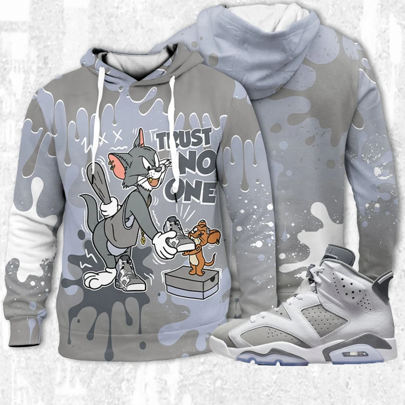 Trust no one cat and mouse 3d splash unisex hoodie 3d match jordan 6 cool grey air jordan jordan matchhoodie