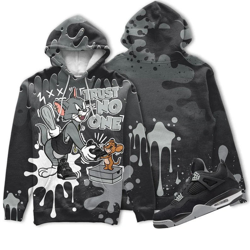 Trust no one cat and mouse 3d splashjordan 4 retro black canvas christmas cartoon hoodie, tom hoodie, jerry hoodie, cartoon gift