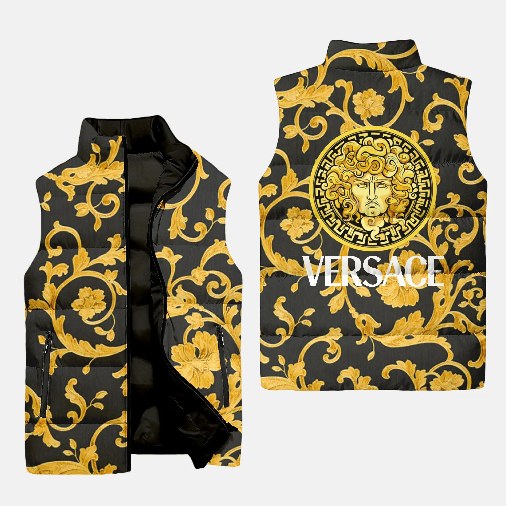 Versace yellow black logo luxury brand 3d sleeveless puffer jacket