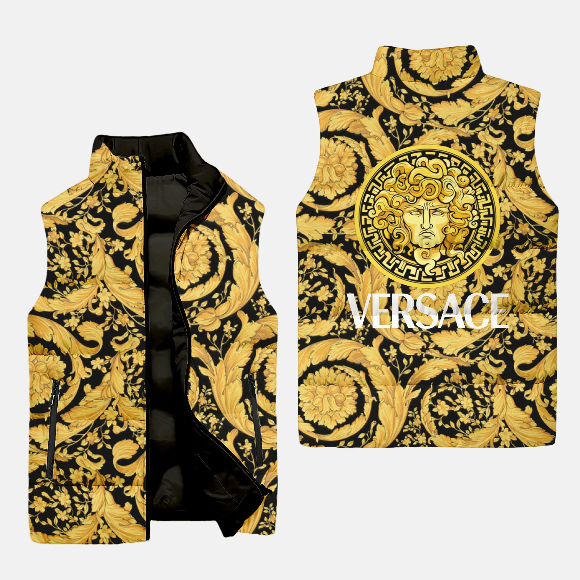 Versace yellow black logo type 02 luxury brand 3d sleeveless puffer jacket