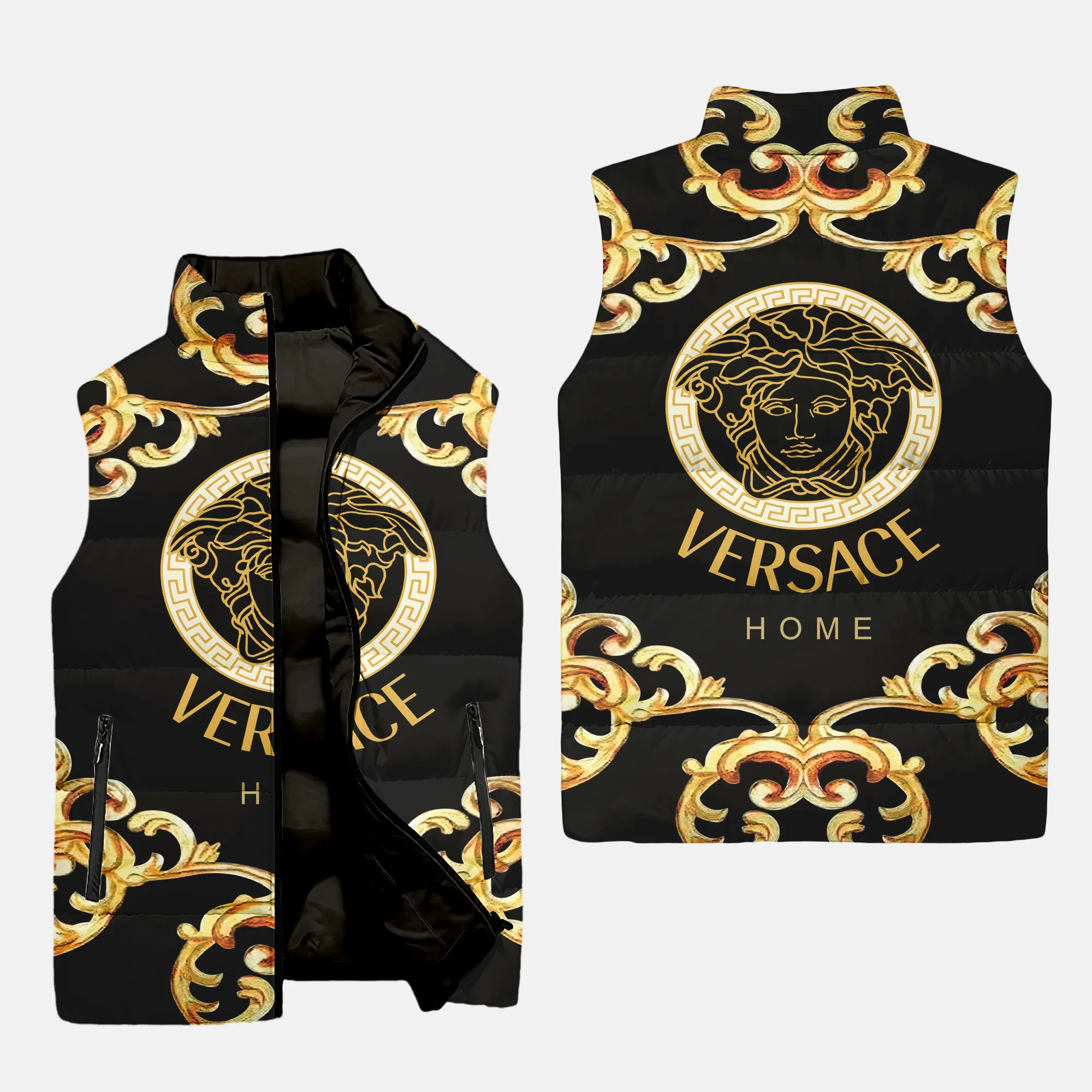 Versace Gold black patten luxury brand 3d sleeveless puffer jacket