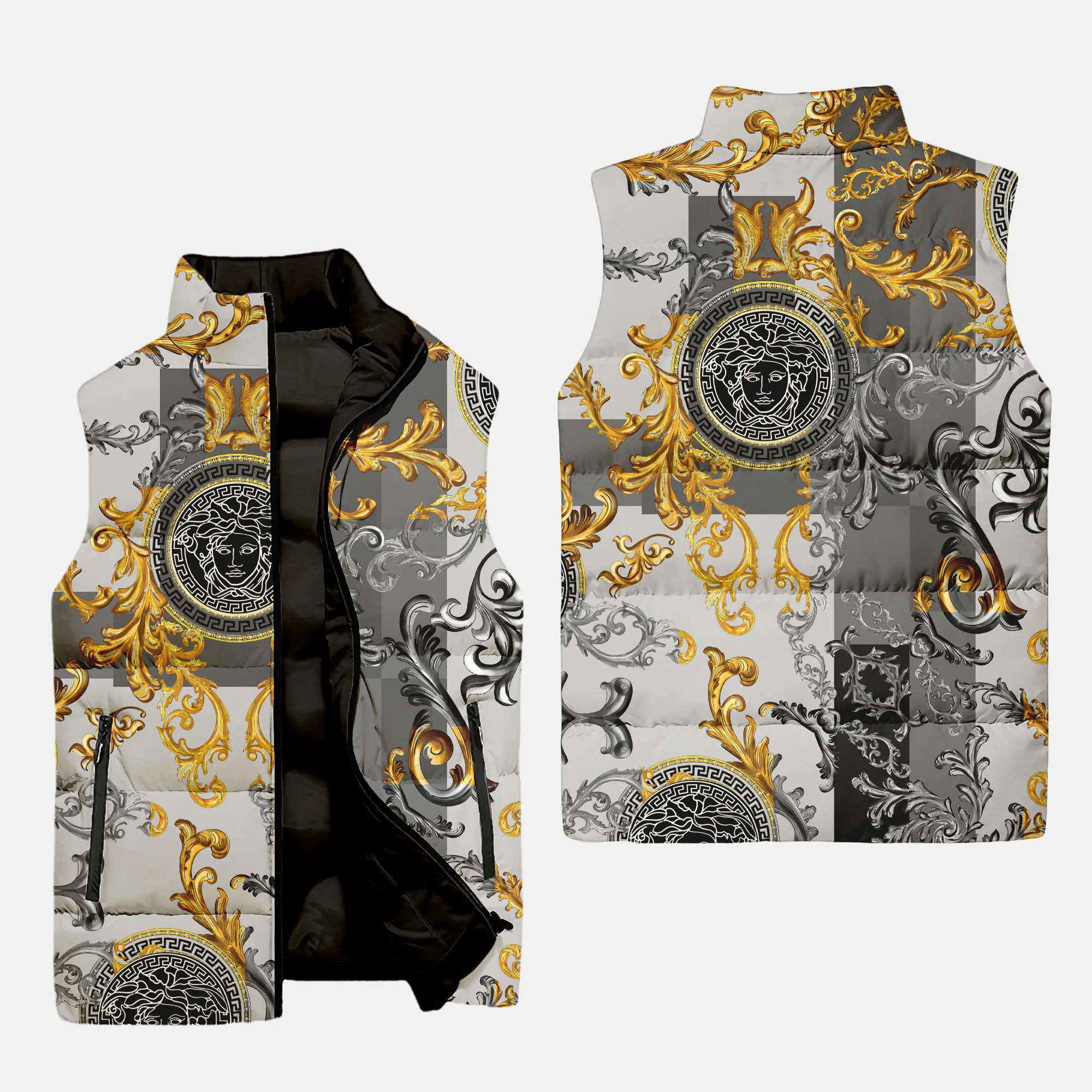 Versace Gold grey patten luxury brand 3d sleeveless puffer jacket