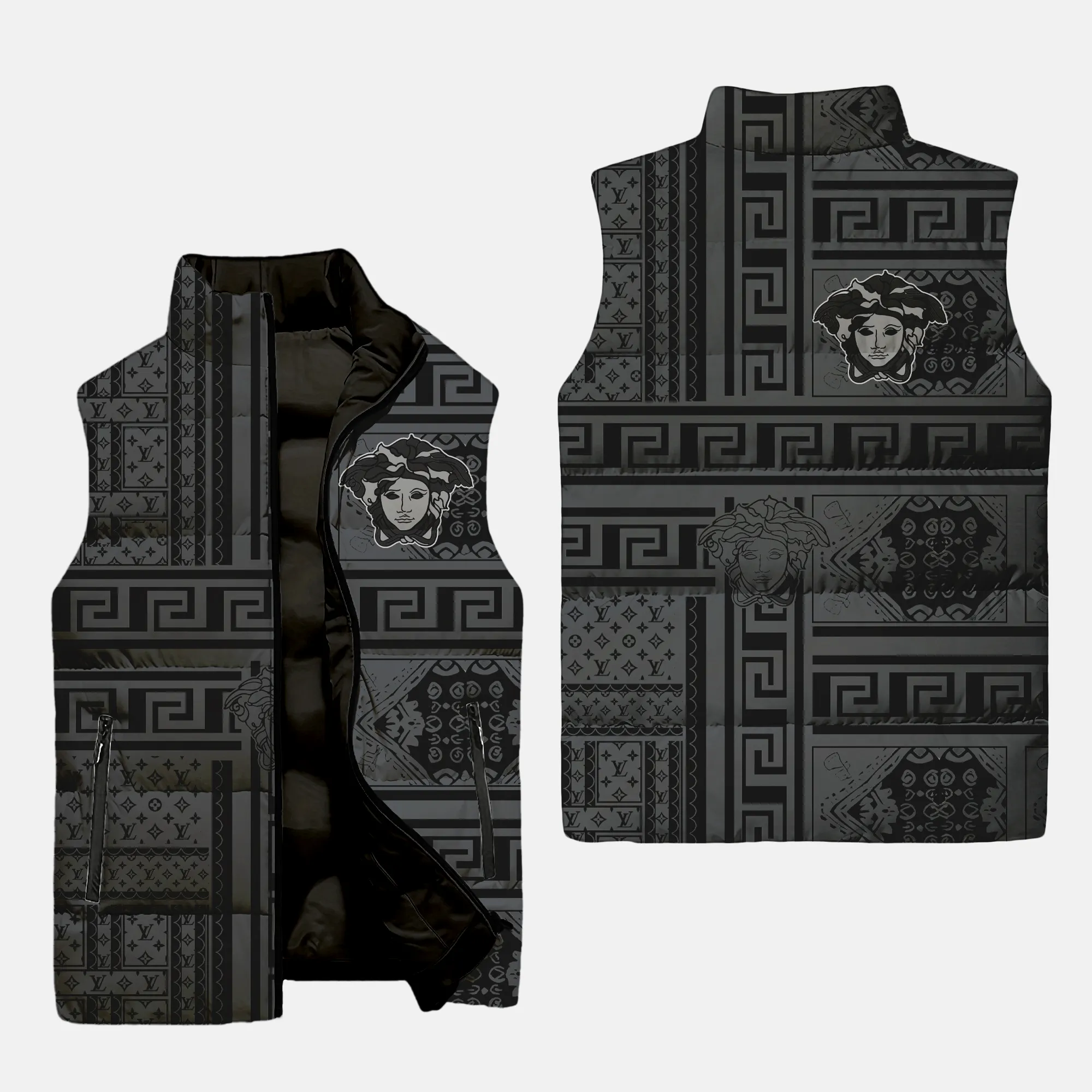 Versace black grey patten luxury brand 3d sleeveless puffer jacket