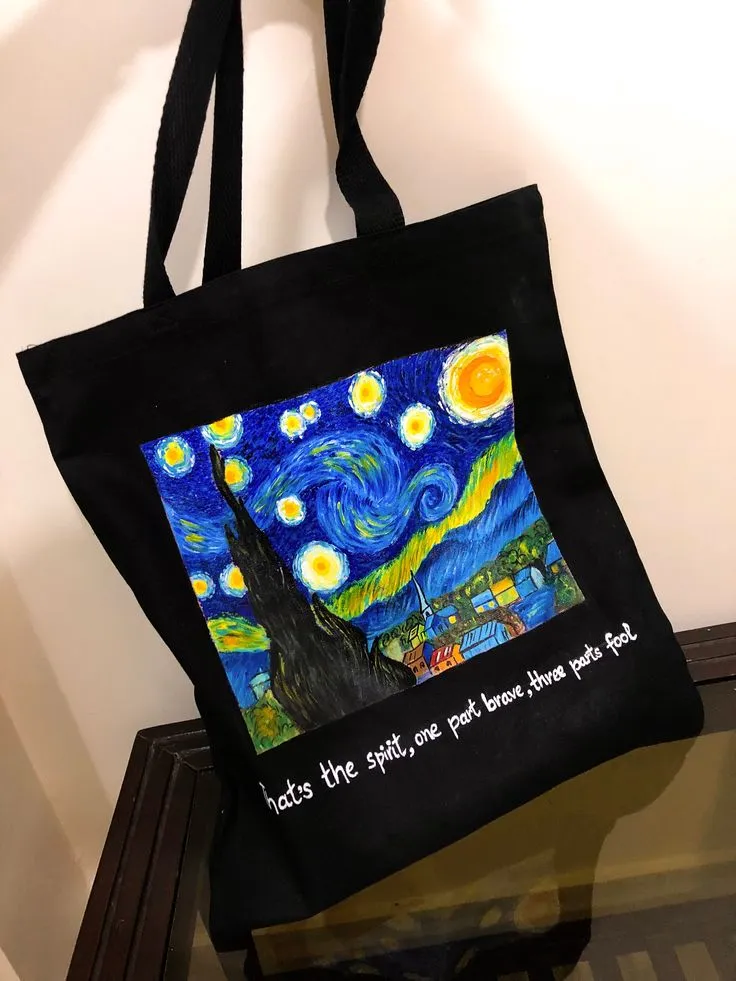 Starry Night Van Gogh Hand-painted Black Canvas Tote Gift for Artist Van Gogh Starry Night Tote for School Art Tote Bag