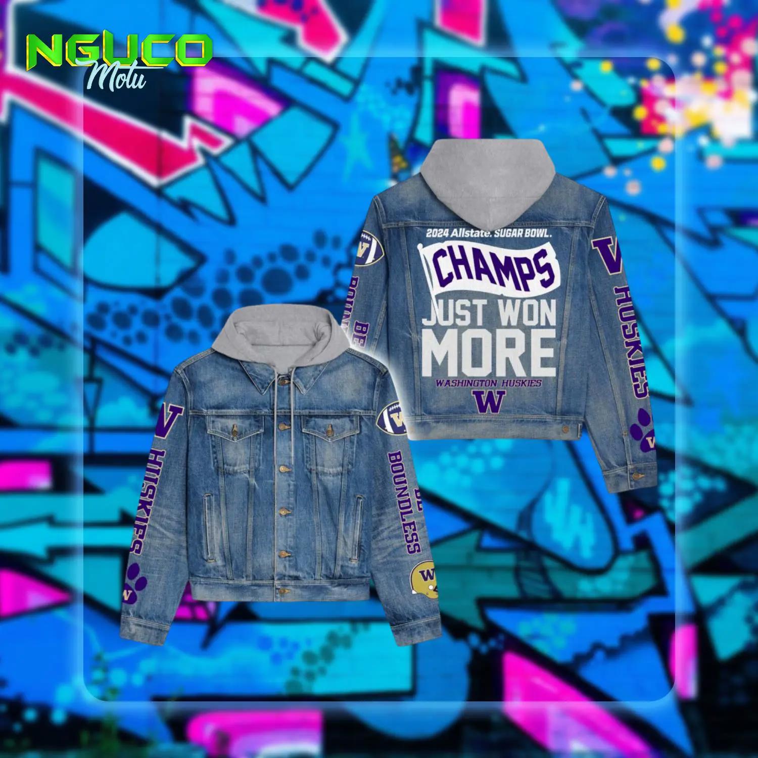 2024 allstate sugar bowl champs just won more washington huskies hooded denim jacket