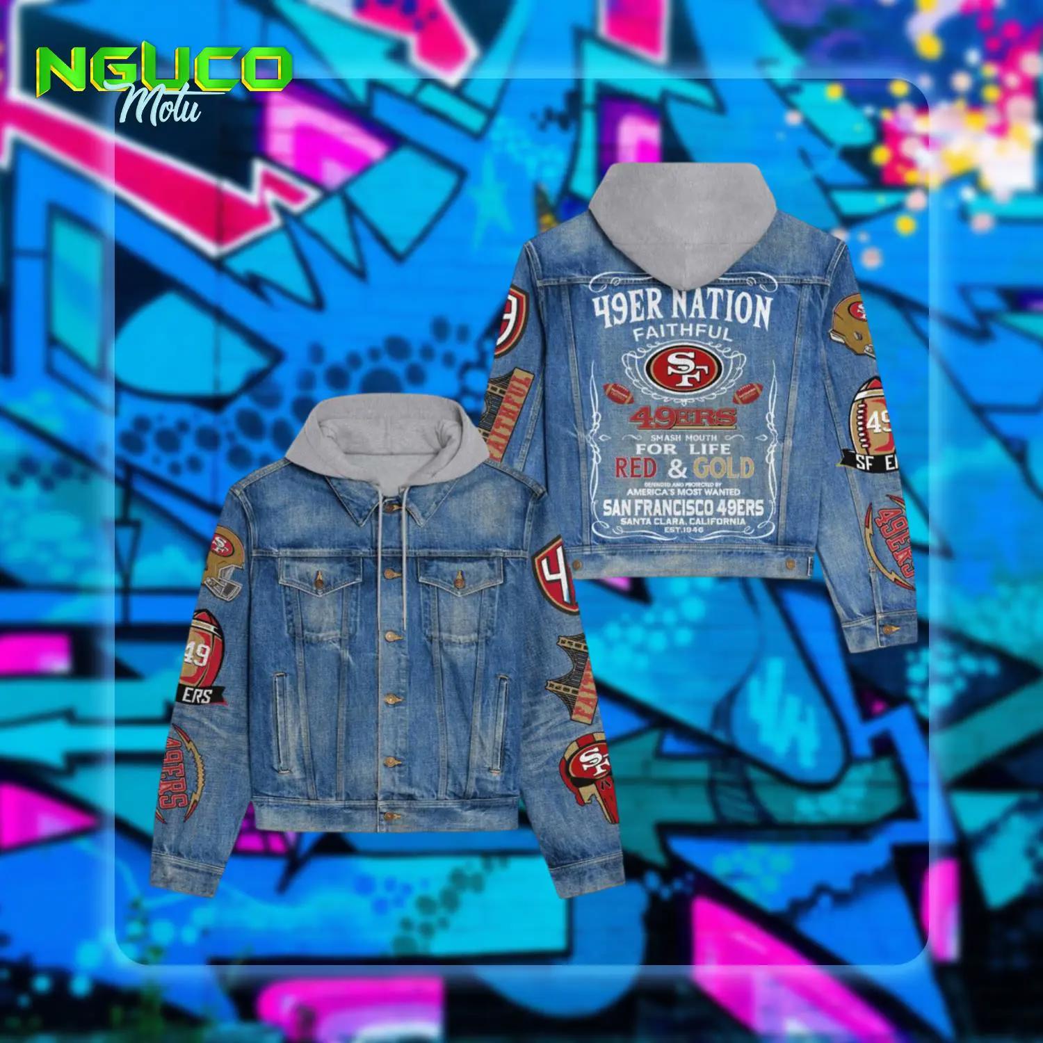 49er nation faithful red and gold logo design hooded denim jacket