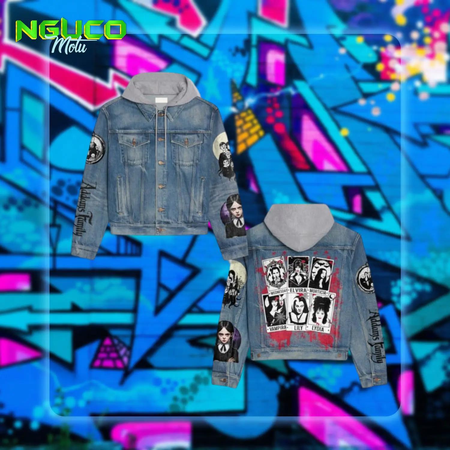 Addams family films portrait design hooded denim jacket