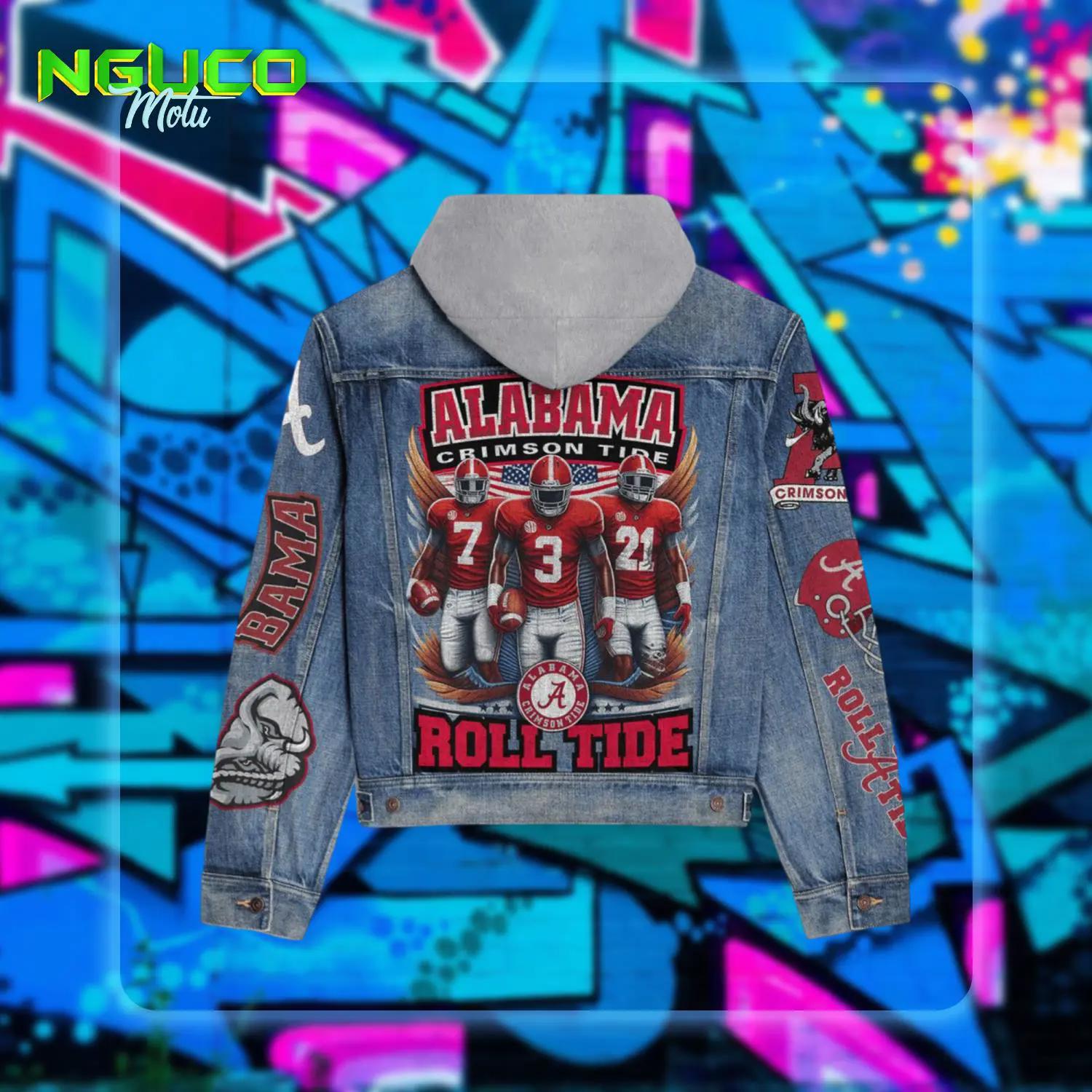 Alabama crimson tide roll tide logo design hooded denim jacket