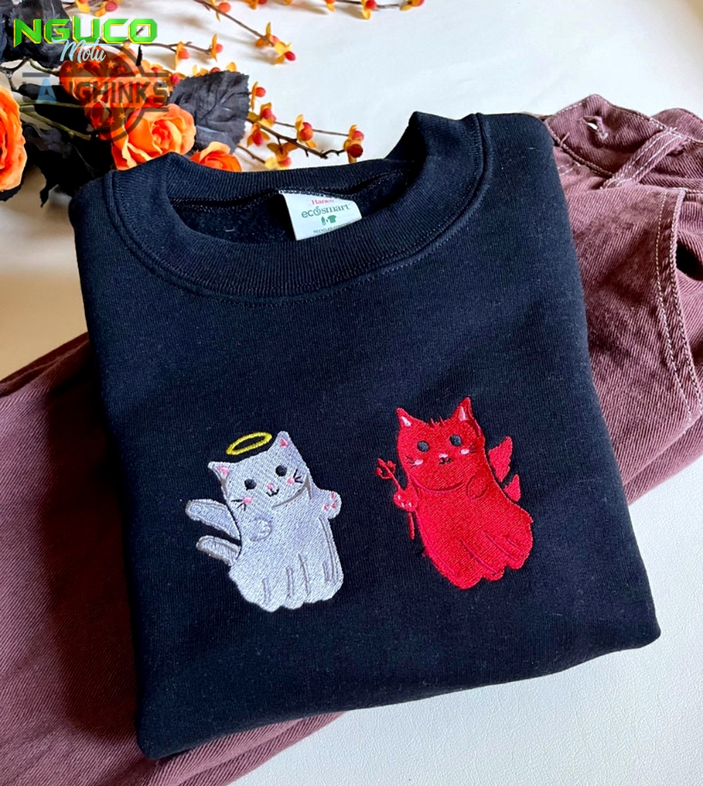 Angel and devil kitty embroidered crewneck cat crewneck angel and devil sweatshirt halloween crewneck embroidery tshirt sweatshirt hoodie gift