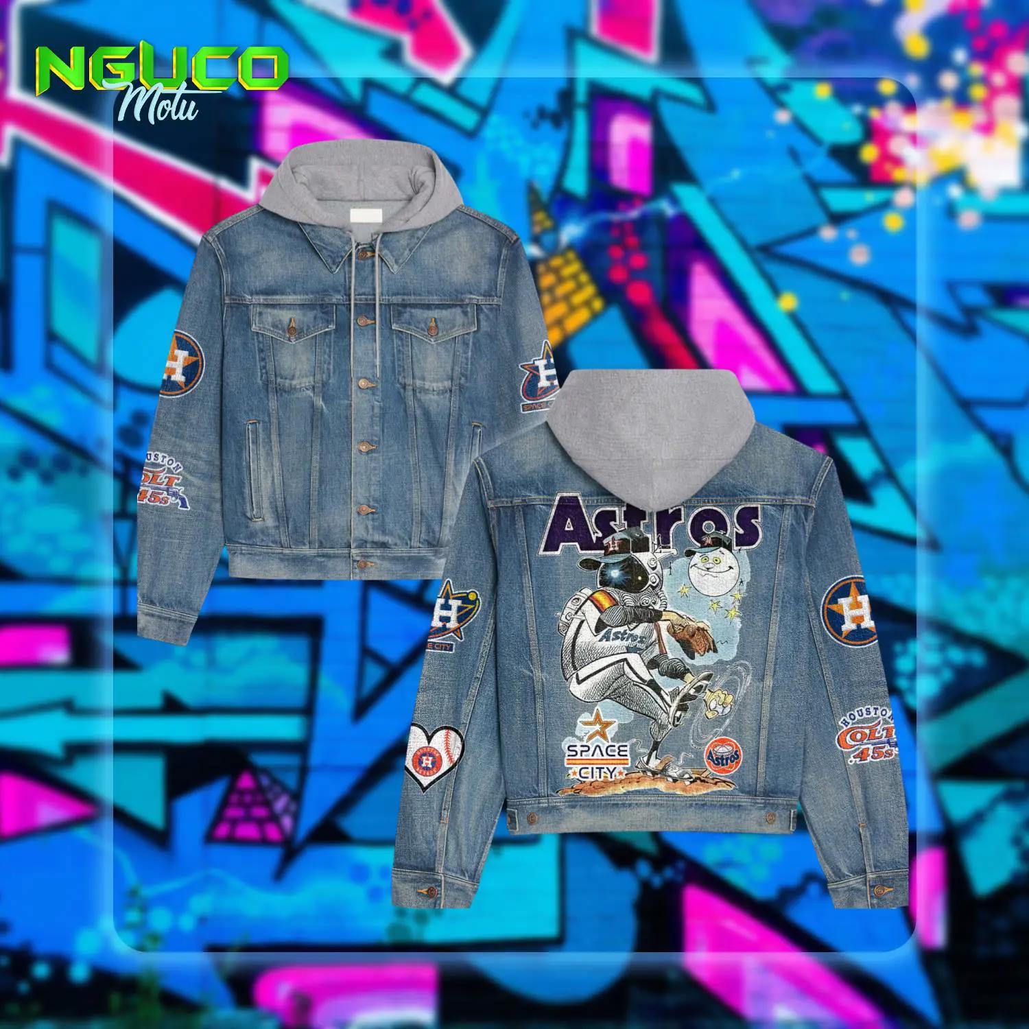 Astros apace city logo design hooded denim jacket