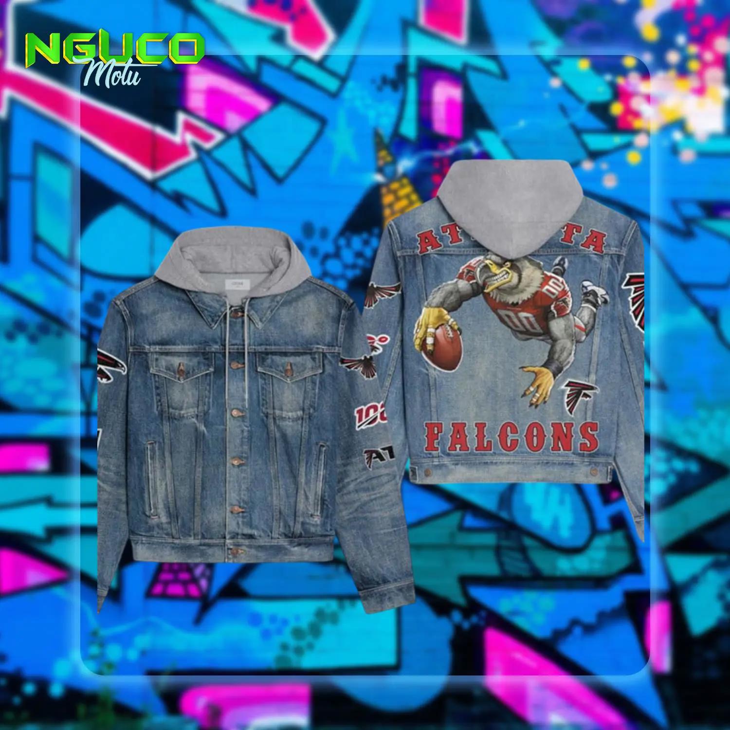 Atlanta falcons freddie falcon design hooded denim jacket