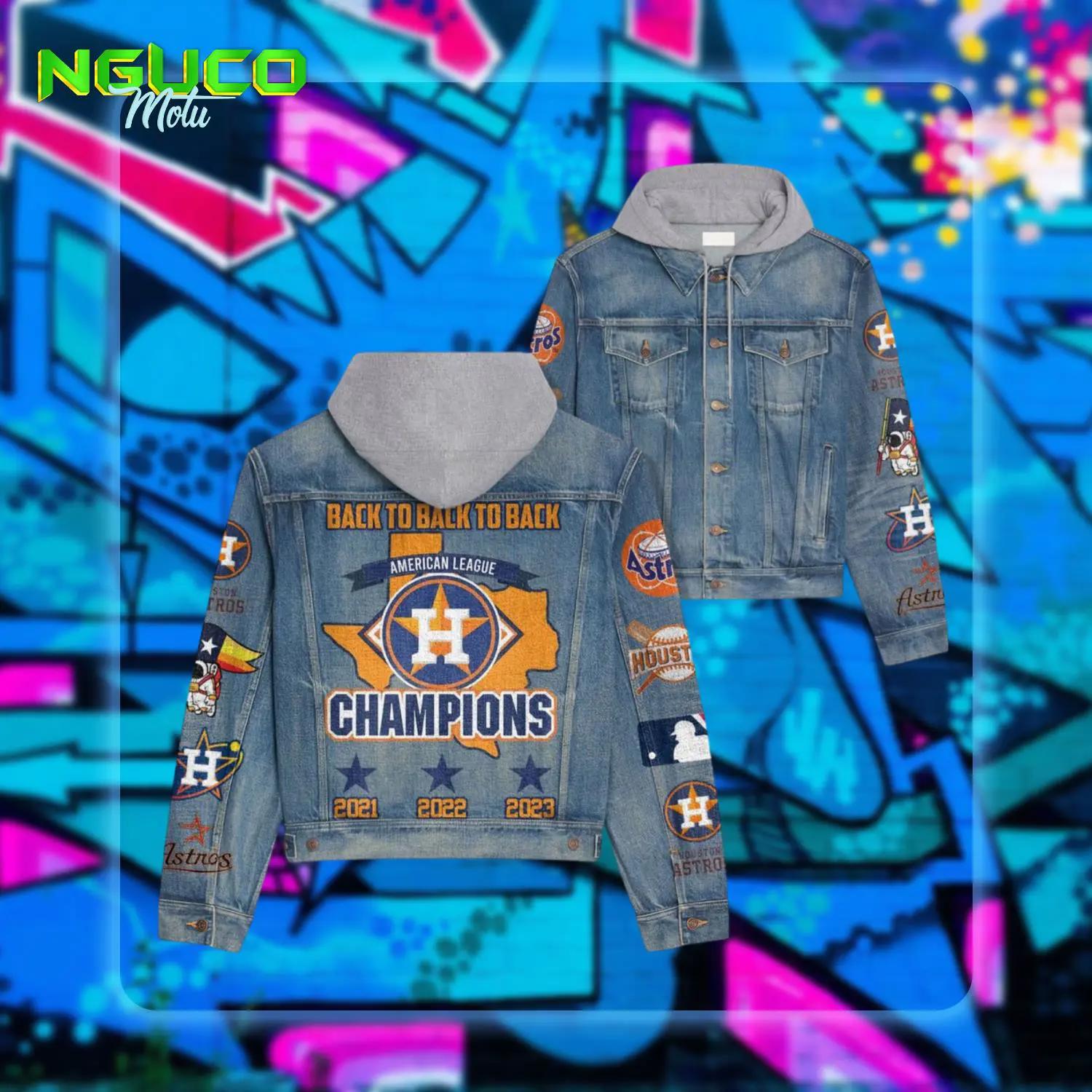Back to back to back american league champions houston astros logo design hooded denim jacket