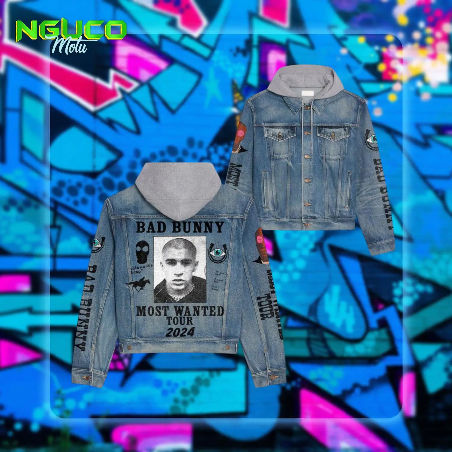 Bad bunny most wanted tour 2024 portrait design hooded denim jacket