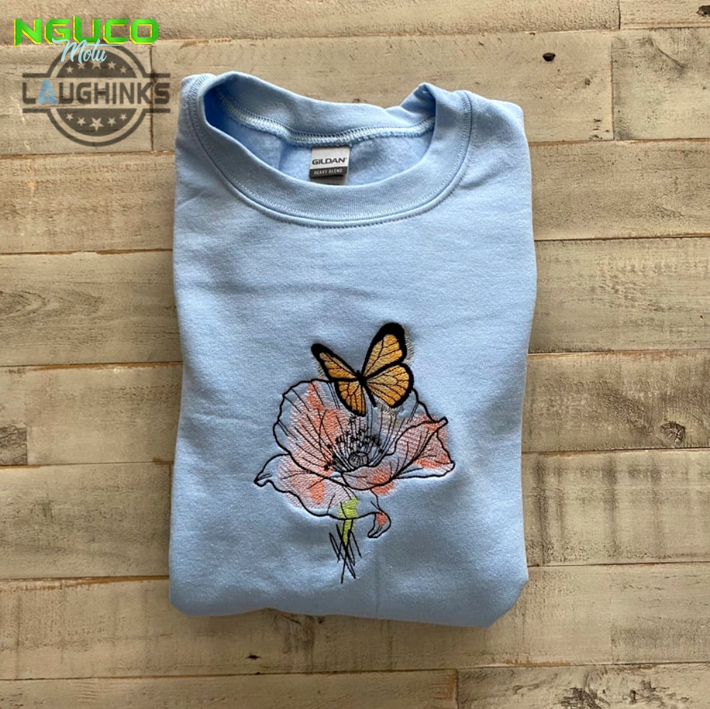 Butterfly and poppy embroidered crewneck butterfly sweatshirt  trendy crewneck embroidery tshirt sweatshirt hoodie gift