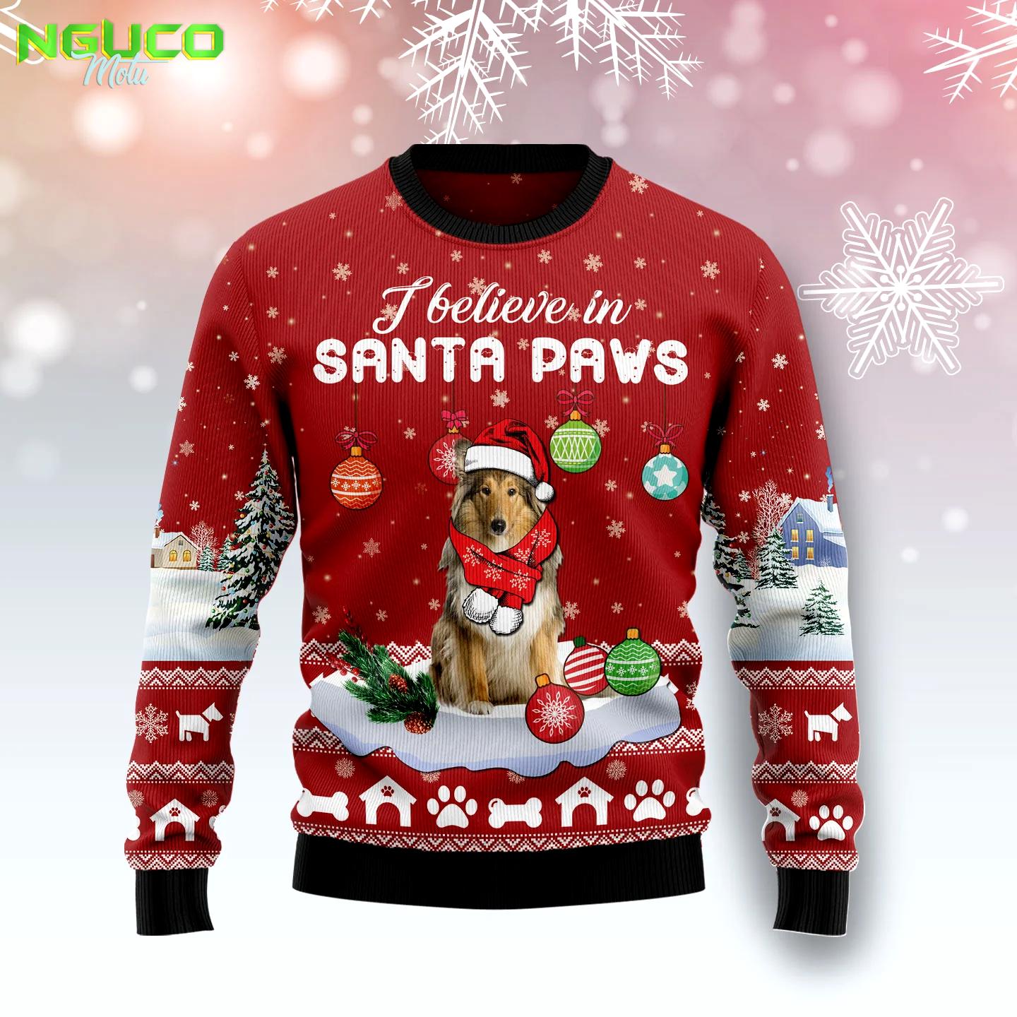 Collie i believe in santa paws t1011 ugly christmas sweater
