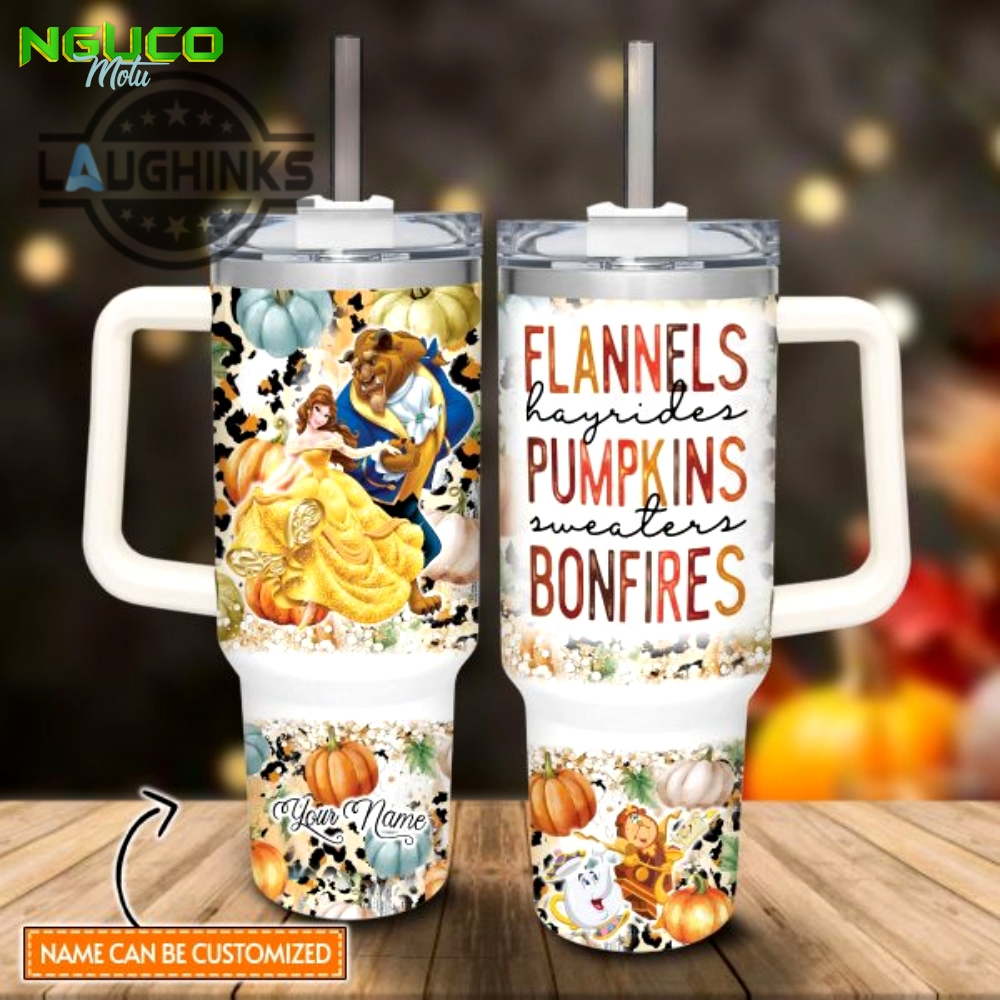 Custom name beauty the beast flannels pumpkins bonfires pattern 40oz stainless steel tumbler with handle and straw lid personalized stanley tumbler dupe 40 oz stainless steel travel cups