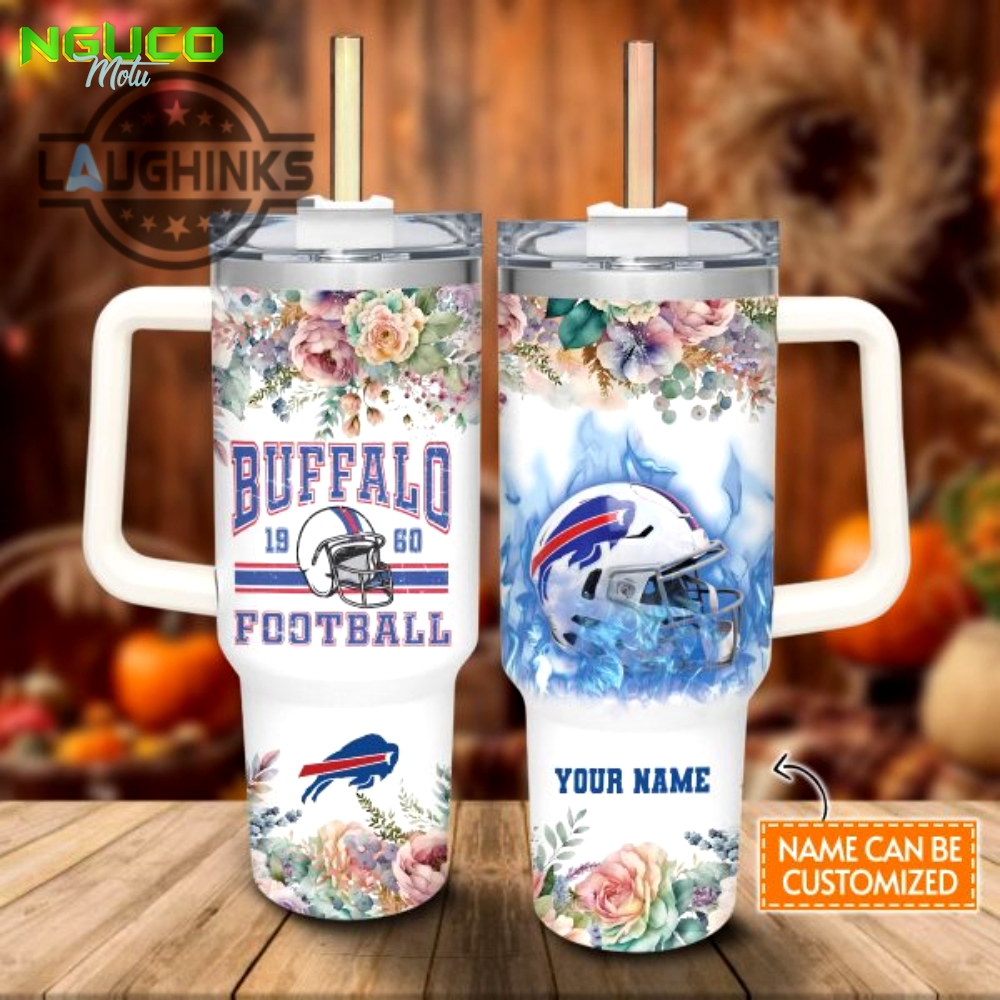 Custom name bills helmet flame pattern 40oz stainless steel tumbler with handle and straw lid personalized stanley tumbler dupe 40 oz stainless steel travel cups gift