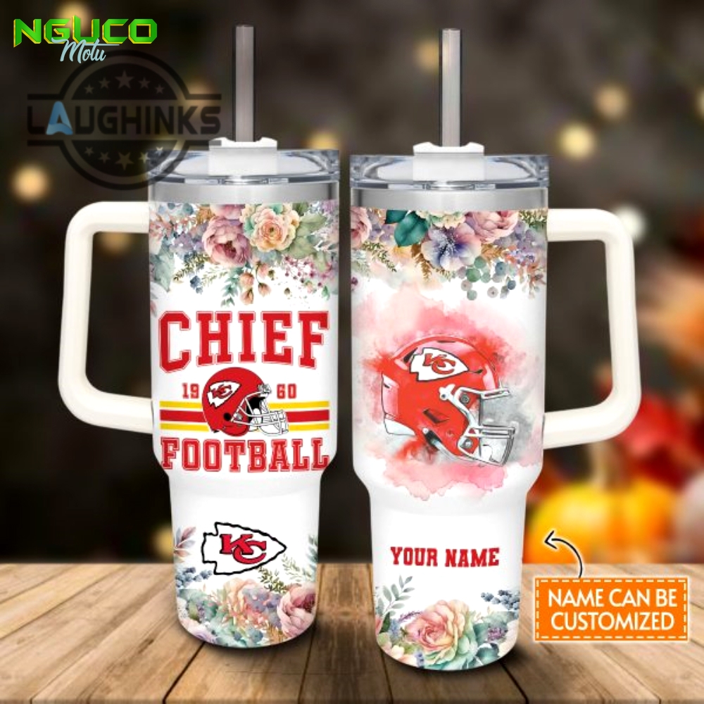 Custom name chiefs helmet flame pattern 40oz stainless steel tumbler with handle and straw lid personalized stanley tumbler dupe 40 oz stainless steel travel cups gift