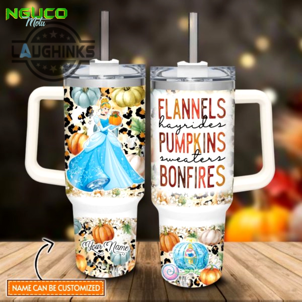 Custom name cinderella princess flannels pumpkins bonfires pattern 40oz stainless steel tumbler with handle and straw lid personalized stanley tumbler dupe 40 oz stainless steel travel cups gift