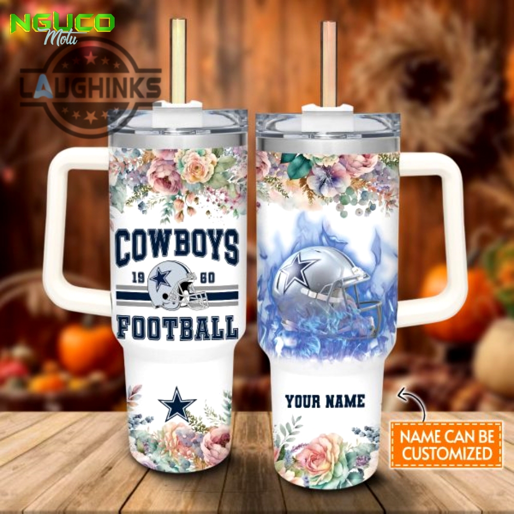 Custom name cowboys helmet flame pattern 40oz stainless steel tumbler with handle and straw lid personalized stanley tumbler dupe 40 oz stainless steel travel cups gift