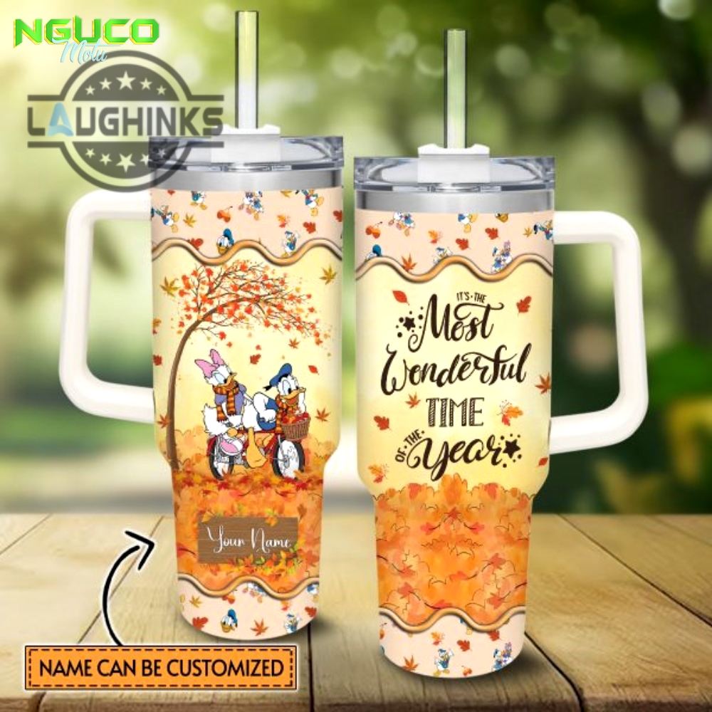 Custom name donald duck most wonderful time fall leaf pattern 40oz stainless steel tumbler with handle and straw lid personalized stanley tumbler dupe 40 oz stainless steel travel cups