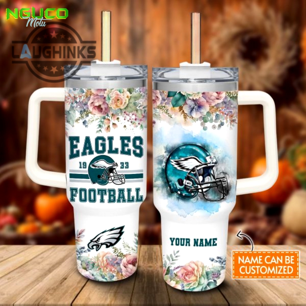 Custom name eagles helmet flame pattern 40oz stainless steel tumbler with handle and straw lid personalized stanley tumbler dupe 40 oz stainless steel travel cups gift