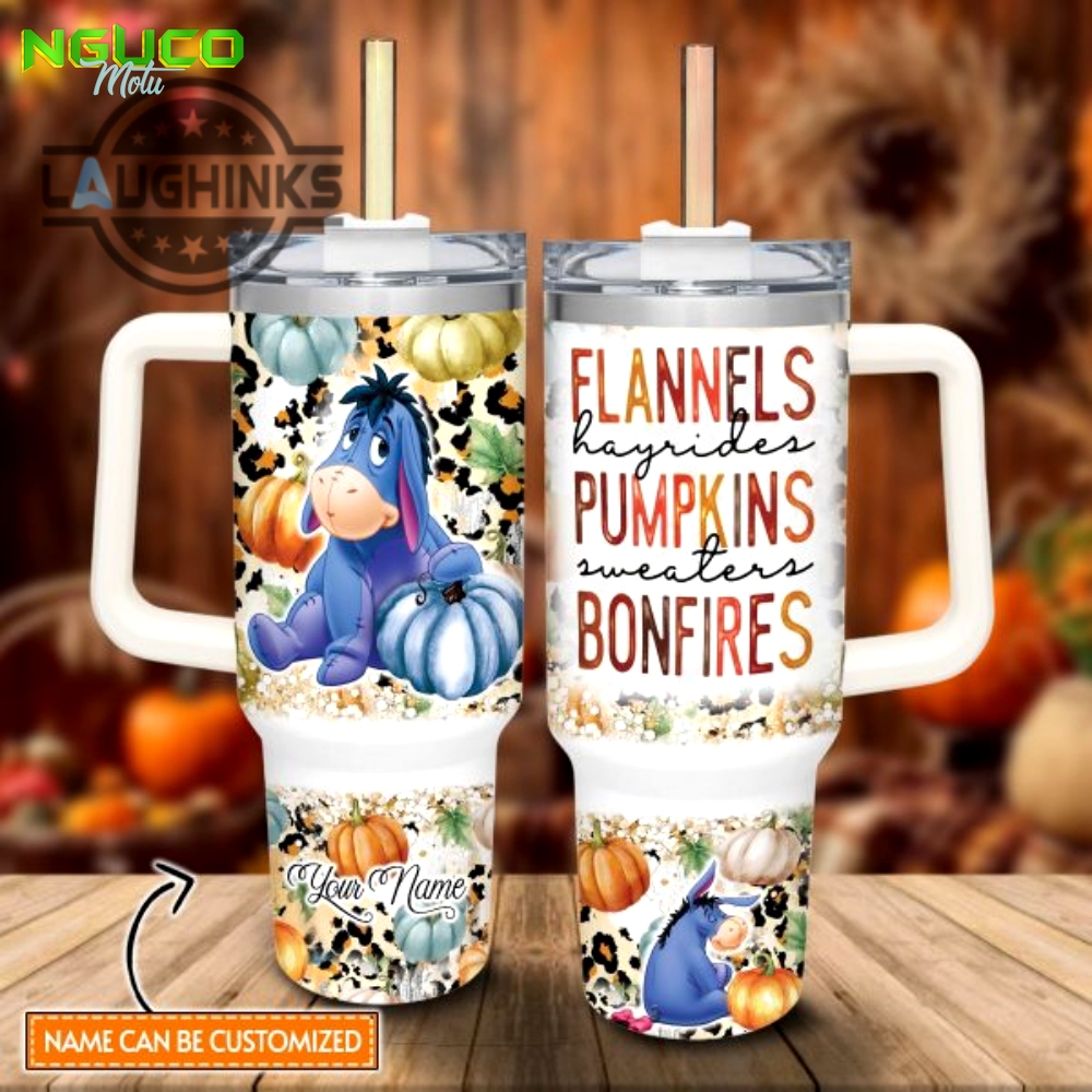 Custom name eeyore flannels pumpkins bonfires pattern 40oz stainless steel tumbler with handle and straw lid personalized stanley tumbler dupe 40 oz stainless steel travel cups gift