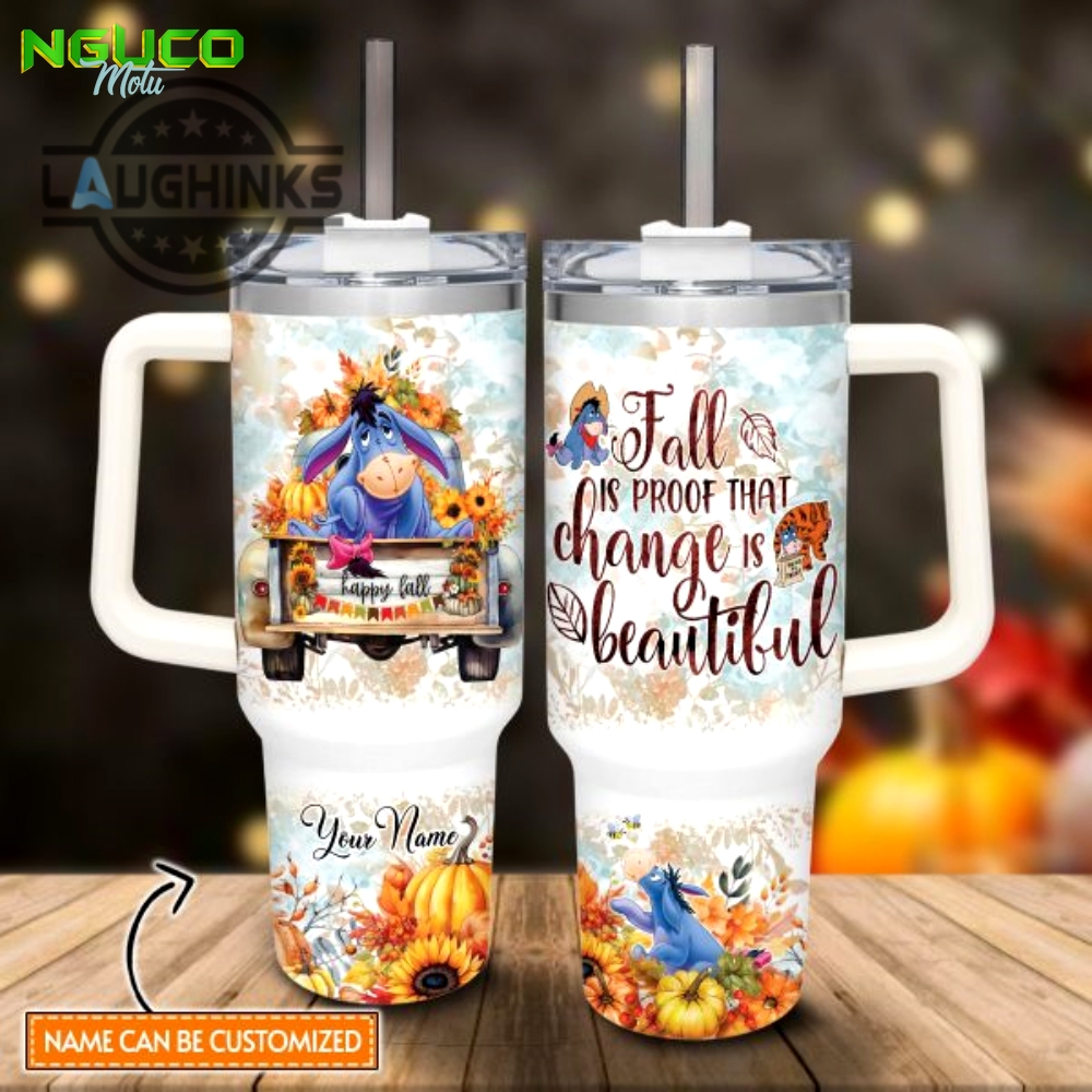 Custom name eeyore happy fall pumpkin flower pattern 40oz tumbler with handle and straw lid personalized stanley tumbler dupe 40 oz stainless steel travel cups
