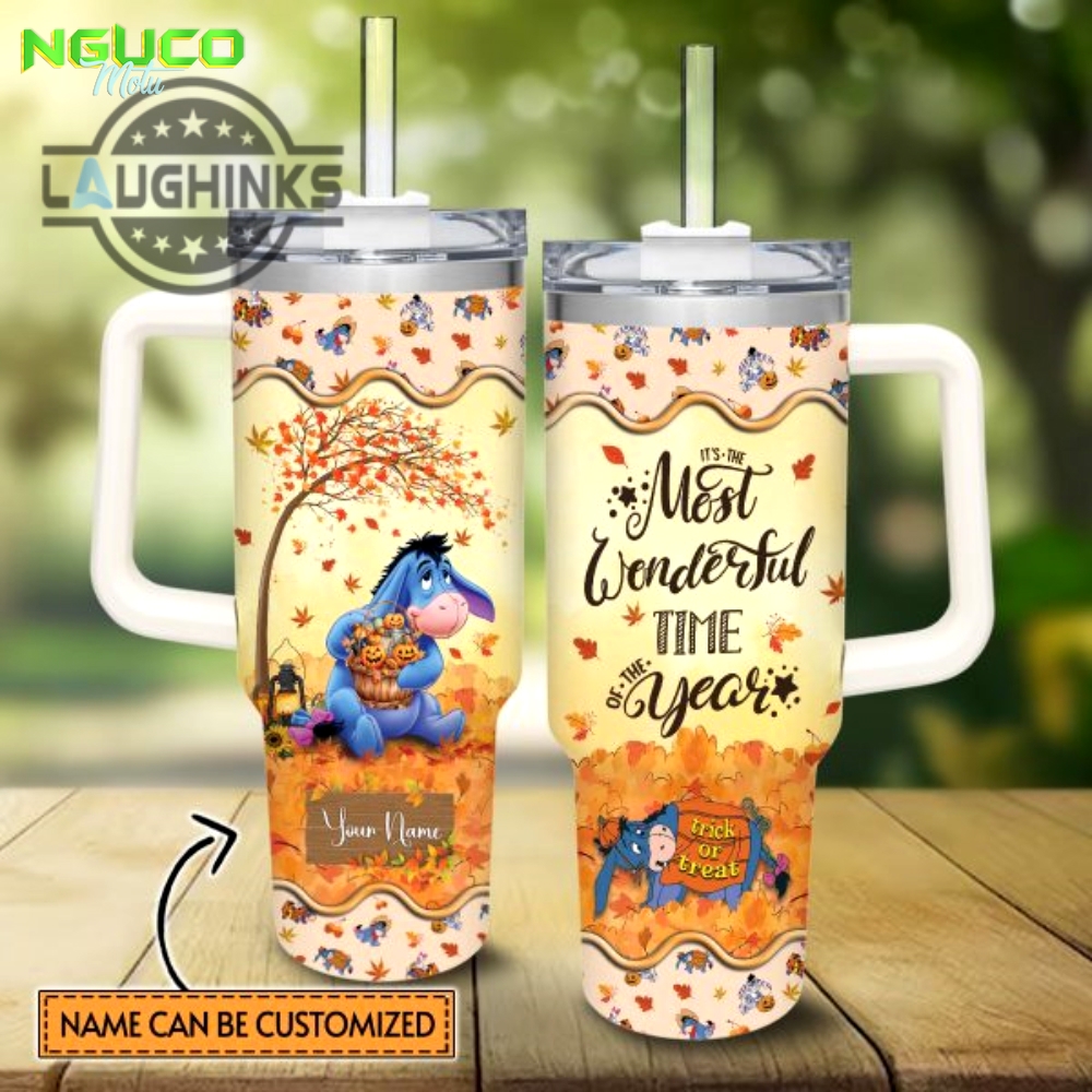 Custom name eeyore most wonderful time fall leaf pattern 40oz stainless steel tumbler with handle and straw lid personalized stanley tumbler dupe 40 oz stainless steel travel cups