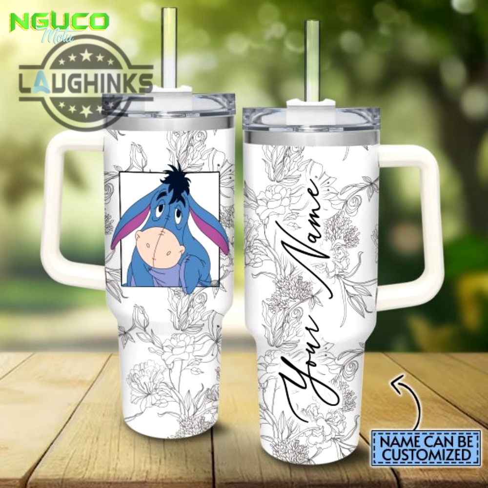 Custom name eeyore sketch flower pattern white 40oz stainless steel tumbler with handle and straw lid personalized stanley tumbler dupe 40 oz stainless steel travel cups gift