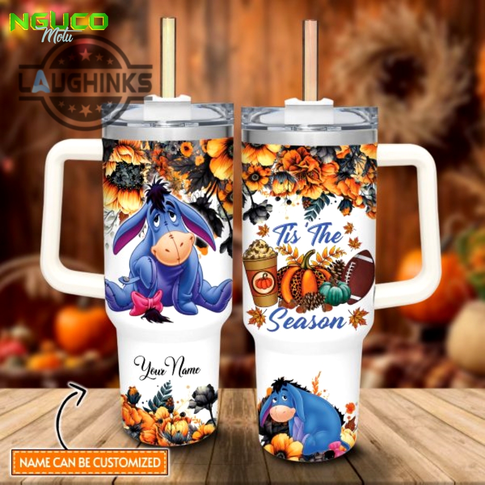 Custom name eeyore tis the season fall leaf pattern 40oz stainless steel tumbler with handle and straw lid personalized stanley tumbler dupe 40 oz stainless steel travel cups new
